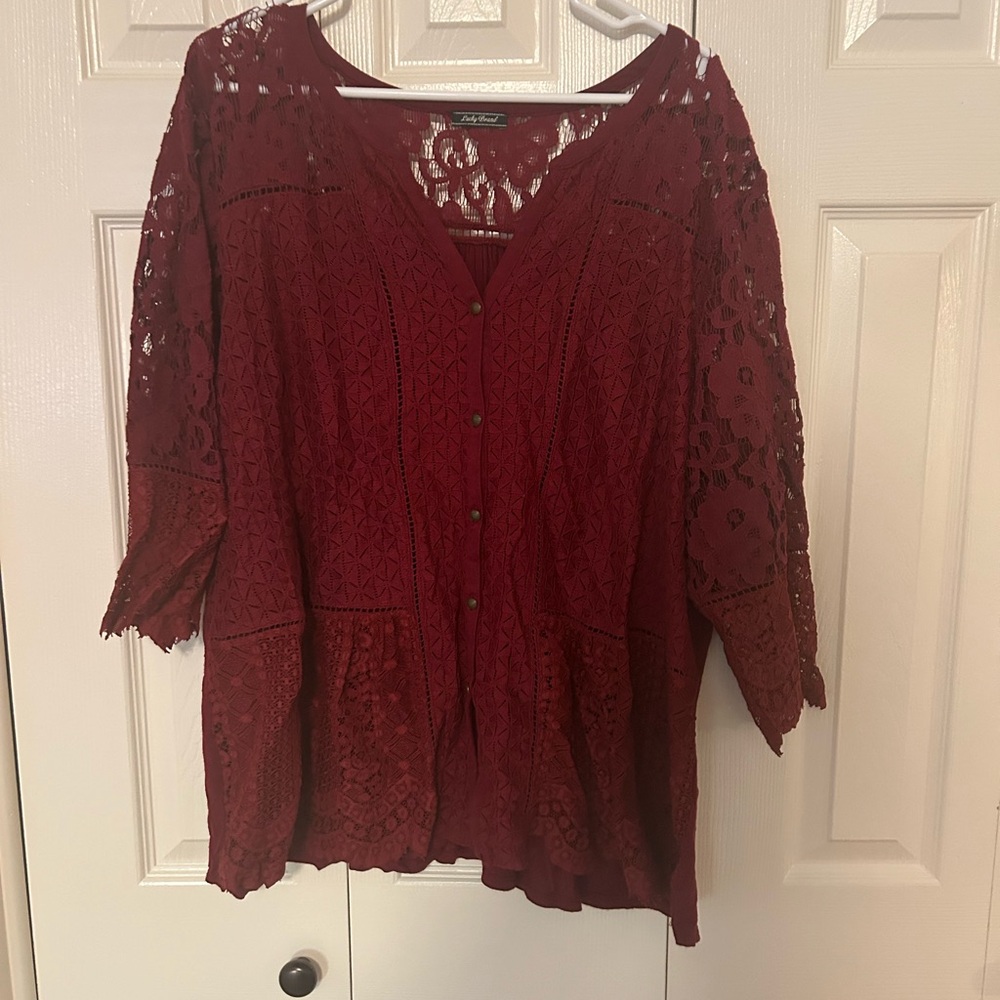 Lucky Brand Red 3/4 Sleeve Lace Blouse